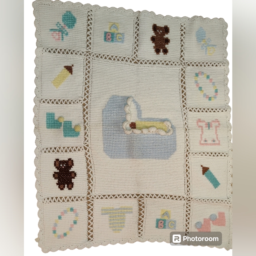 Vintage Crochet Handmade White and Pastel Color Baby Blanket